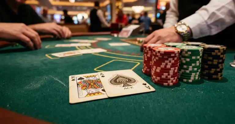 Blackjack table at non-GamStop casino with cards and chips