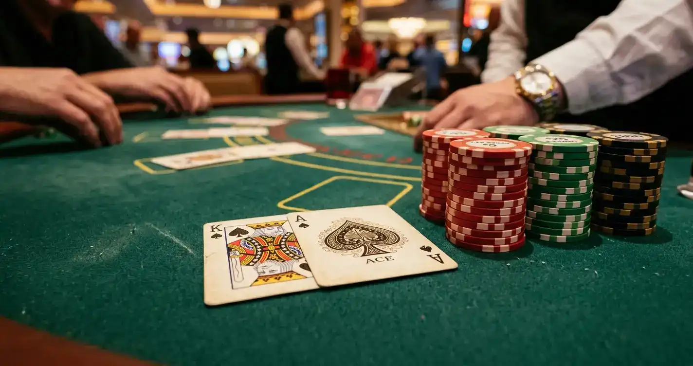 Blackjack table at non-GamStop casino with cards and chips