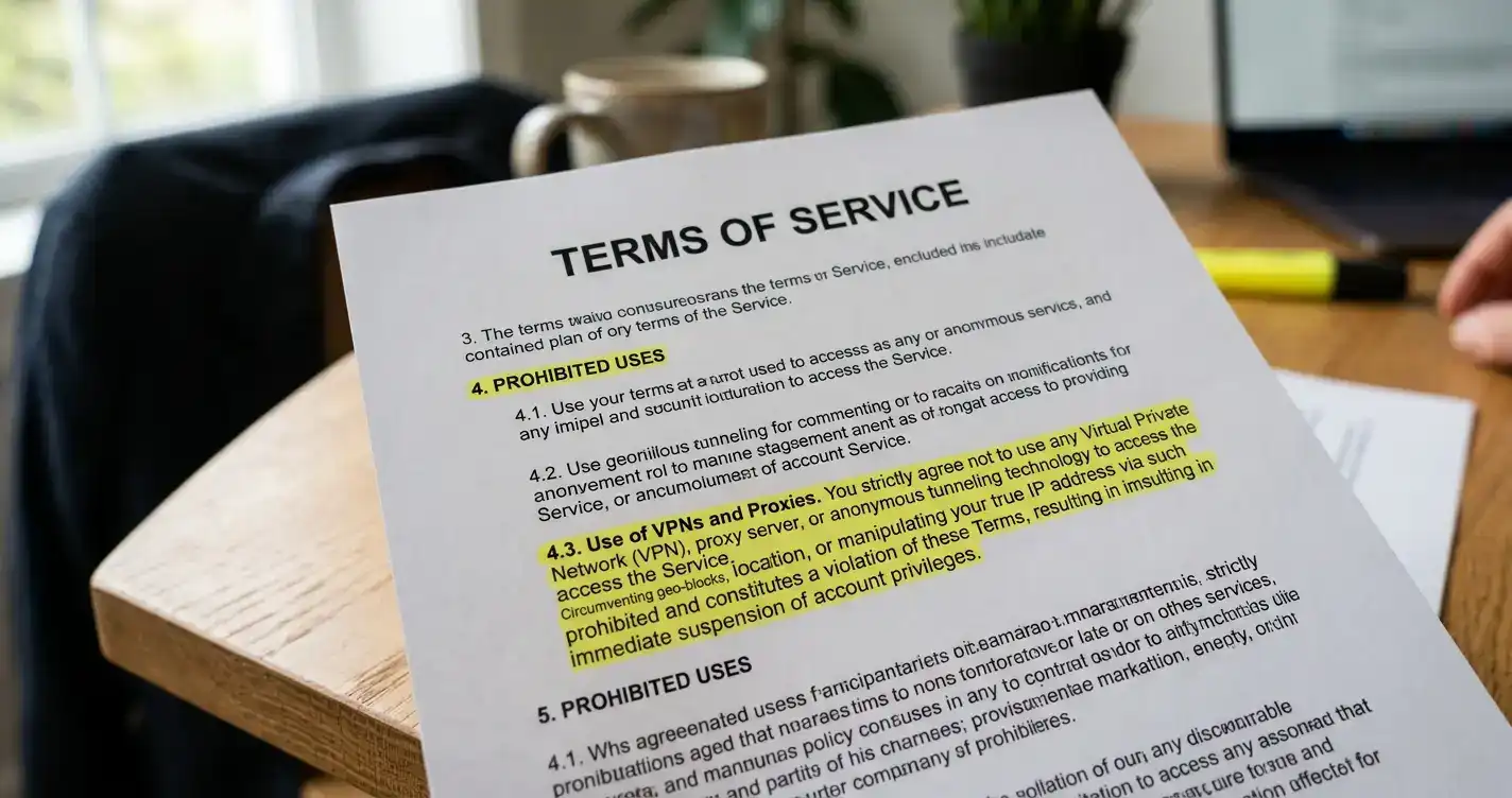 Casino terms of service violation clause regarding VPN usage