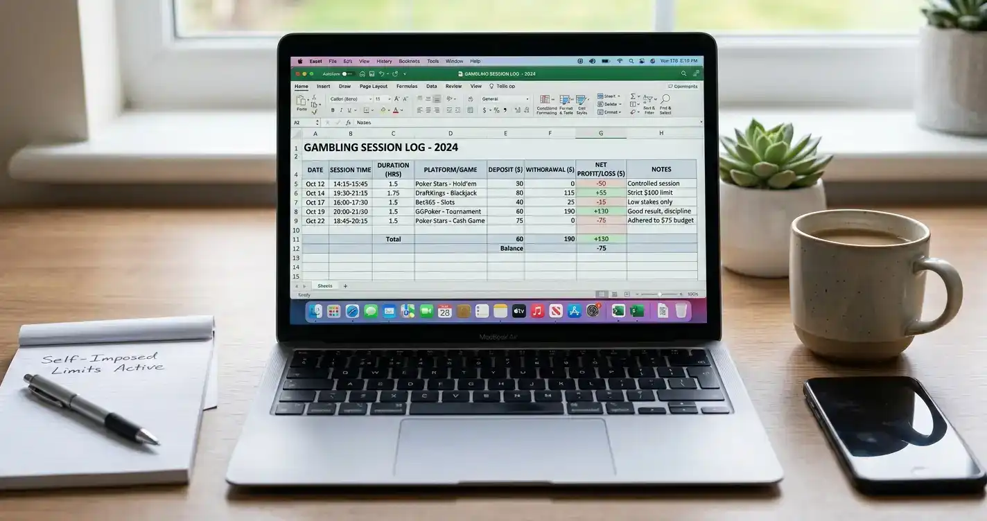 Personal gambling session log tracking spending and time