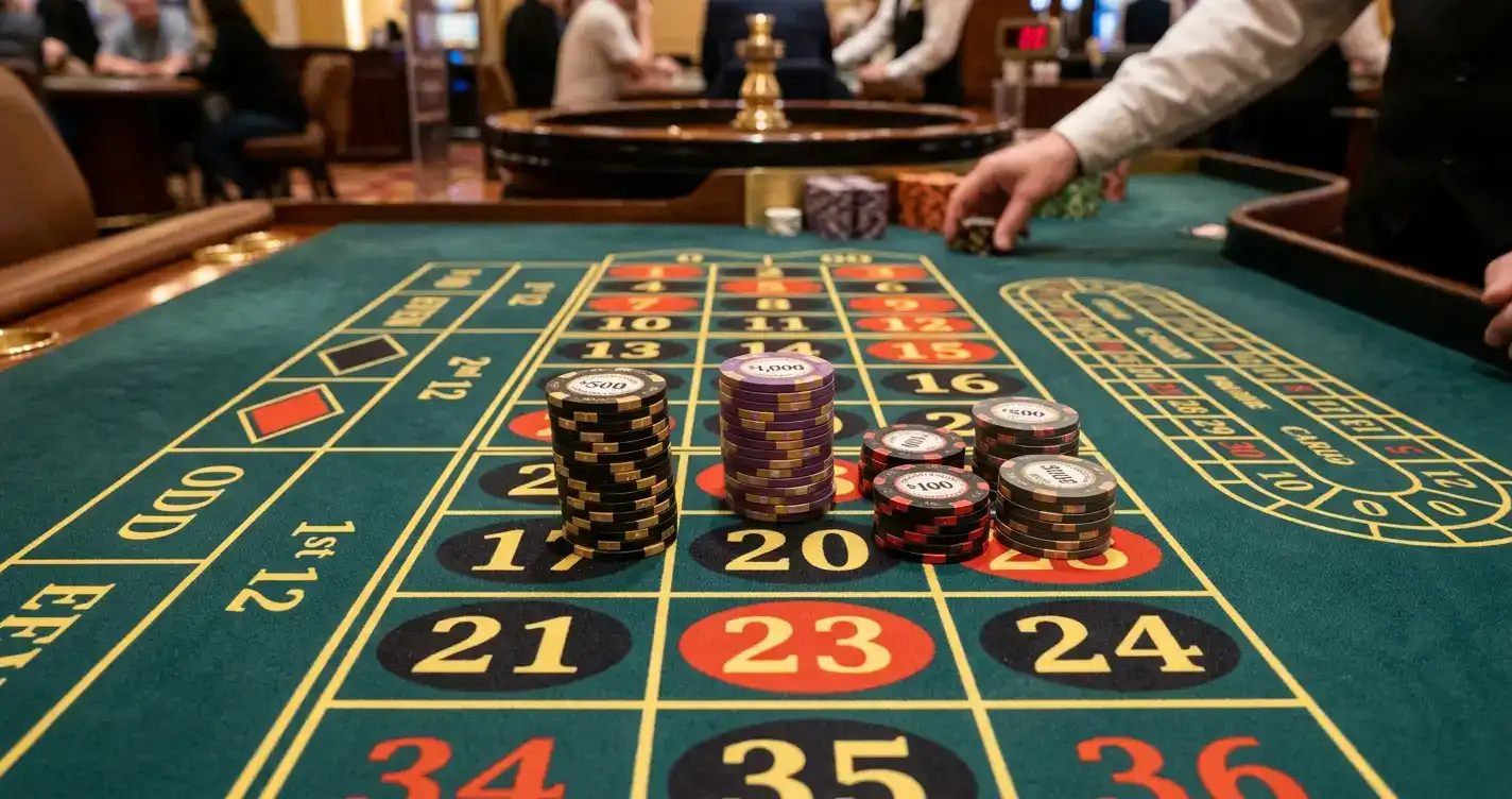 High stake roulette bets with large chip stacks on number grid