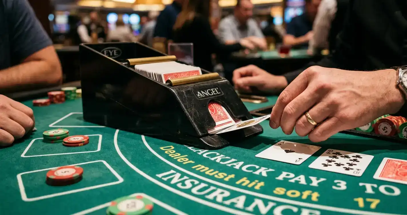 Multi-deck blackjack dealing shoe used at offshore live tables