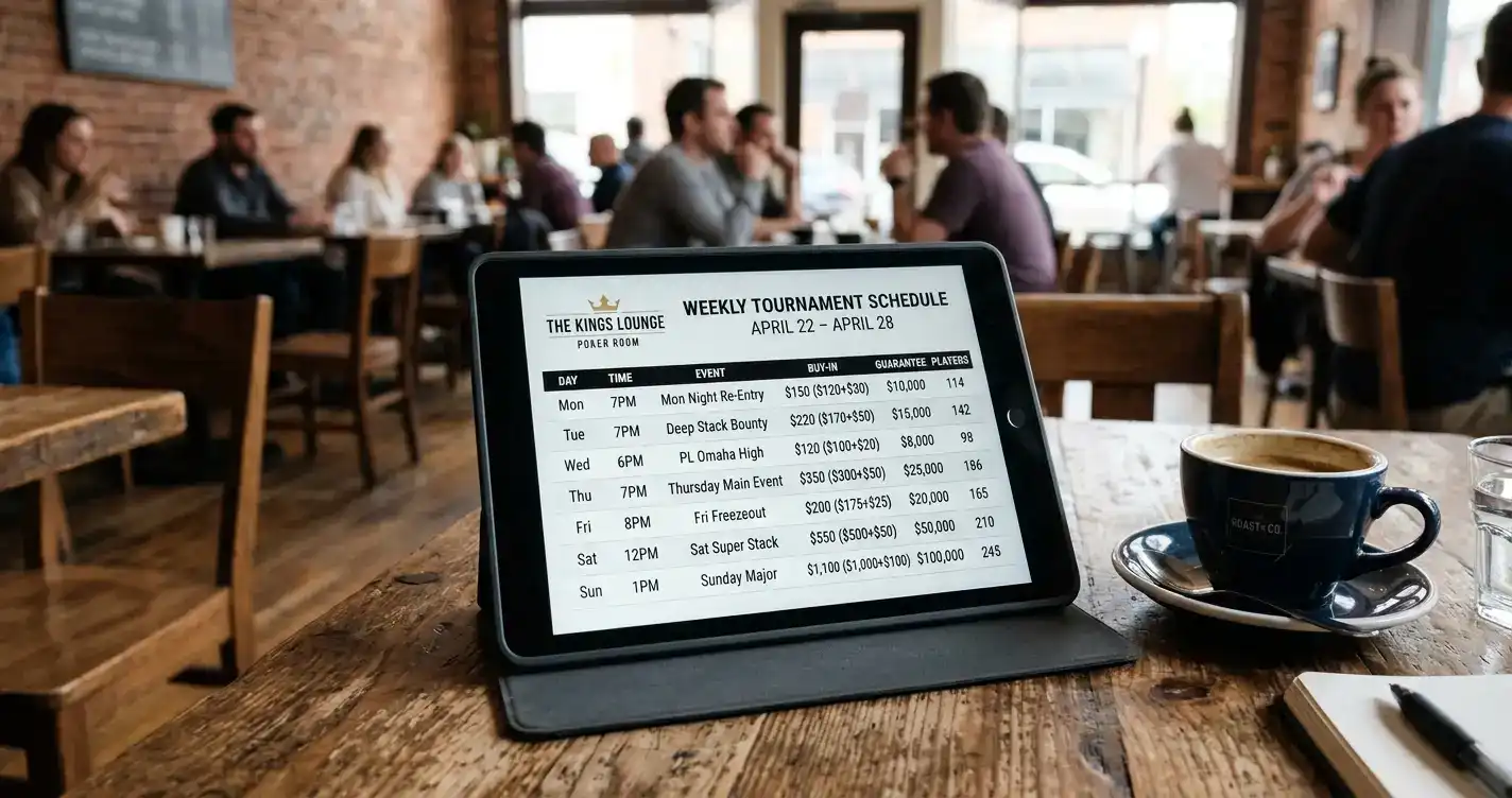 Poker tournament schedule showing guaranteed prize pools and formats
