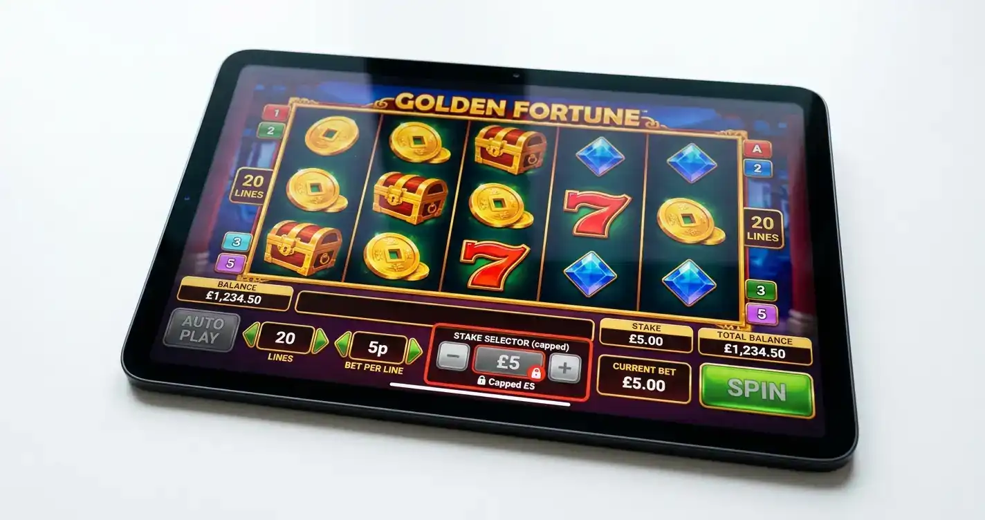 UK online slot showing five pound stake limit cap on betting interface