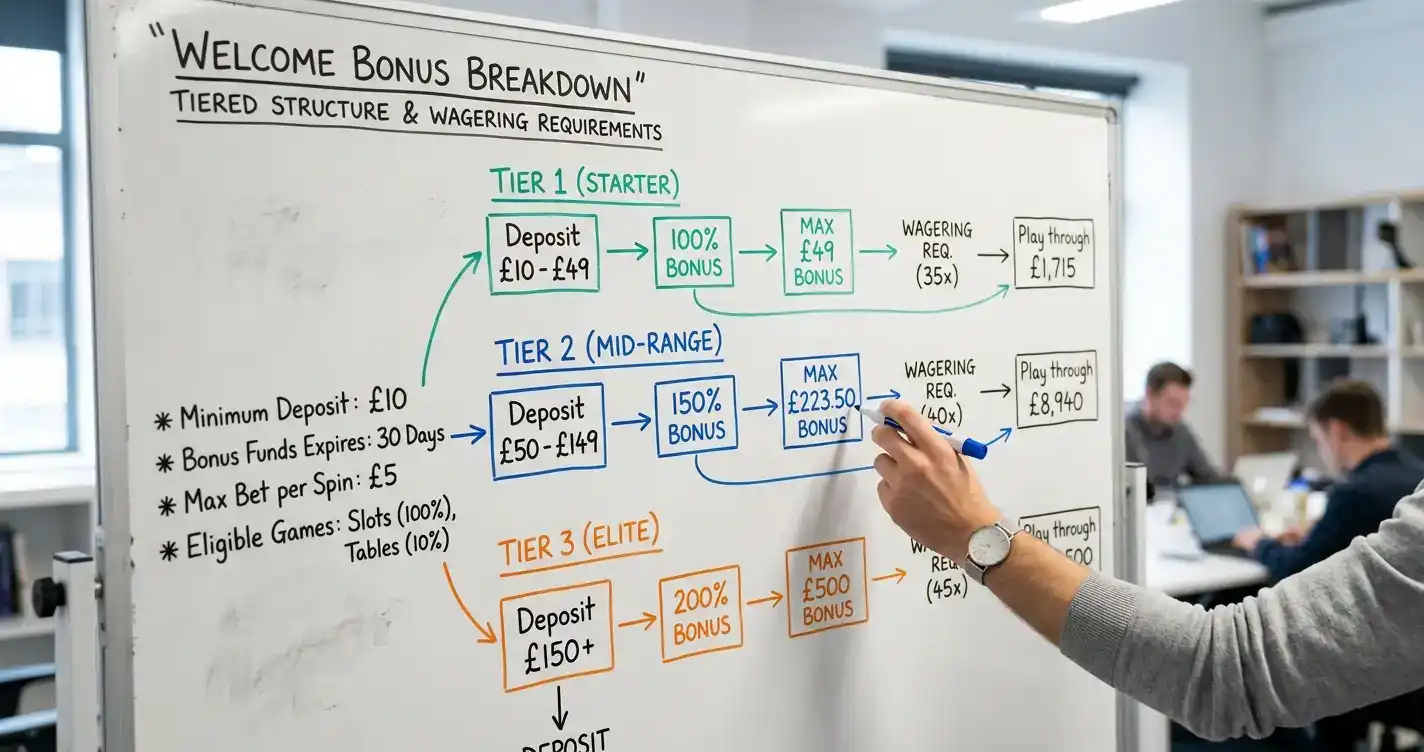 Structural breakdown of a 200-400% welcome bonus showing deposit tiers and wagering base